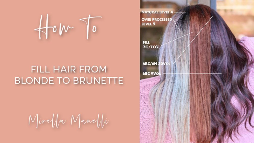 Before and after picture of blonde hair transitioning to brunette