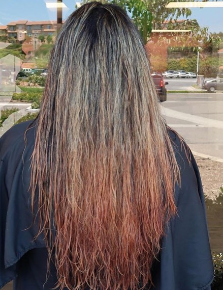 Hair color correction after the lifting phase. You can see the underlying pigment left from black box dye.