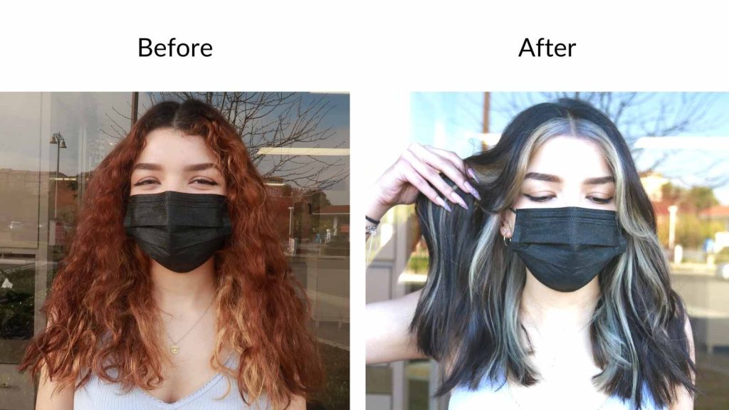 HIGH CONTRAST HAIR COLOR BEFORE RED AND AFTER BLACK AND BLONDE