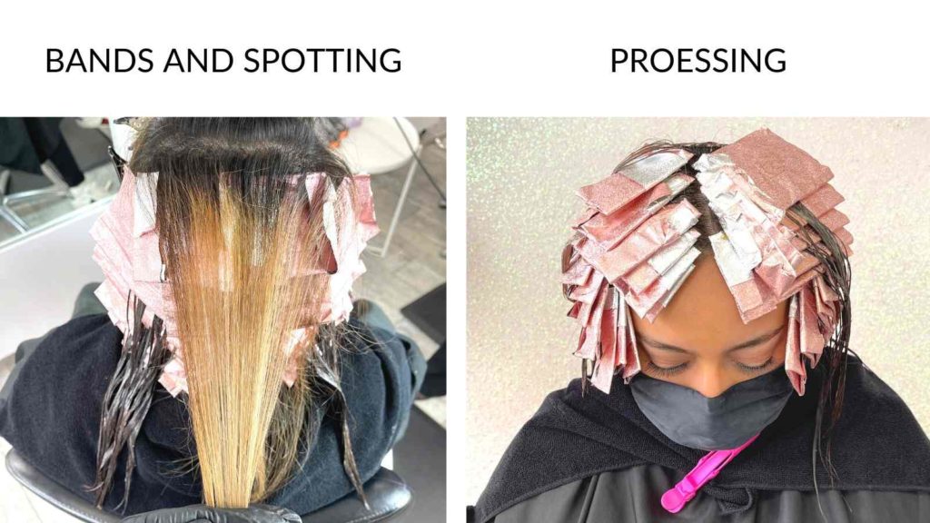 bands and spotting on hair and processing hair color in foils