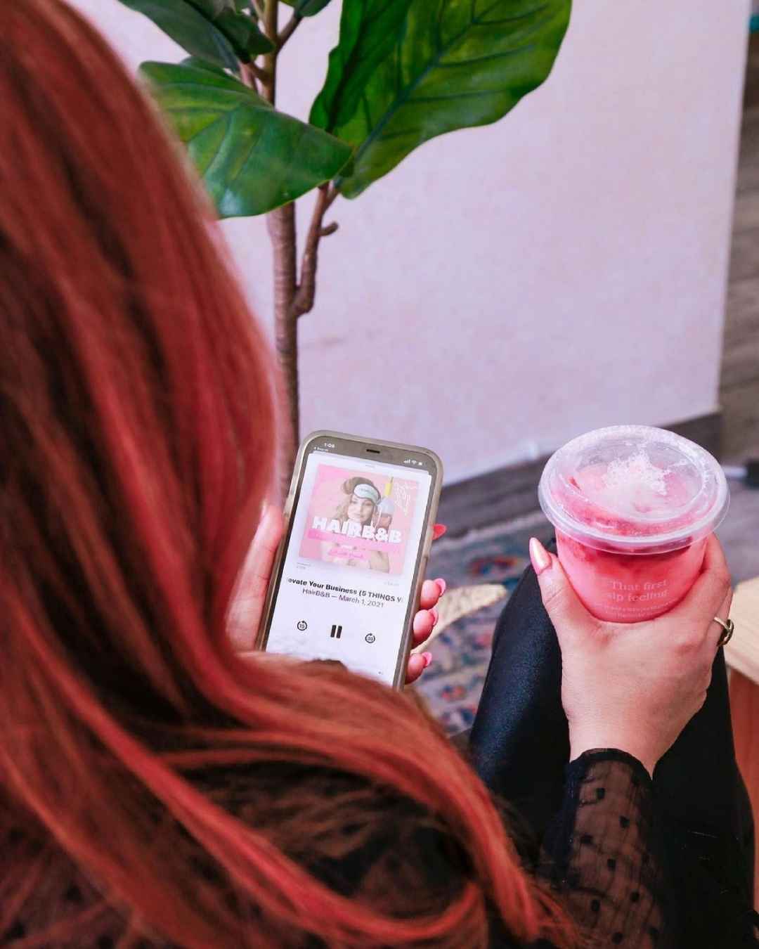 pink Starbucks drink wit hair bnb podcast