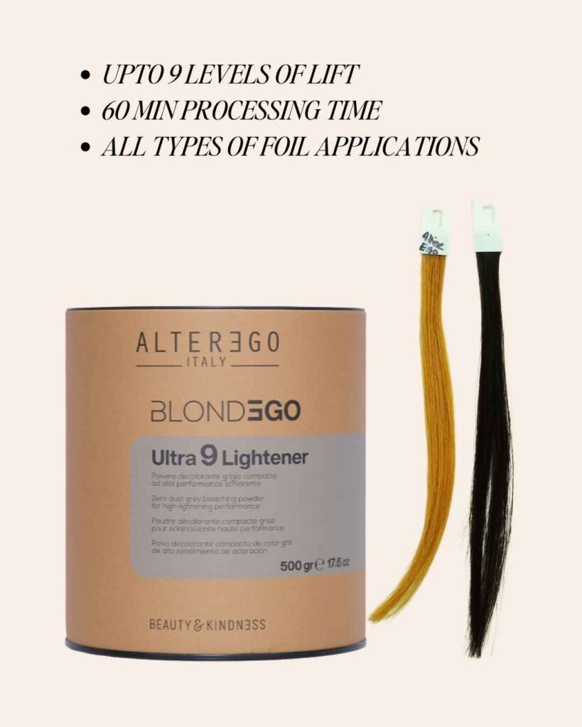 Professional white-based bleach lightener for dark hair with smooth consistency and no odor.