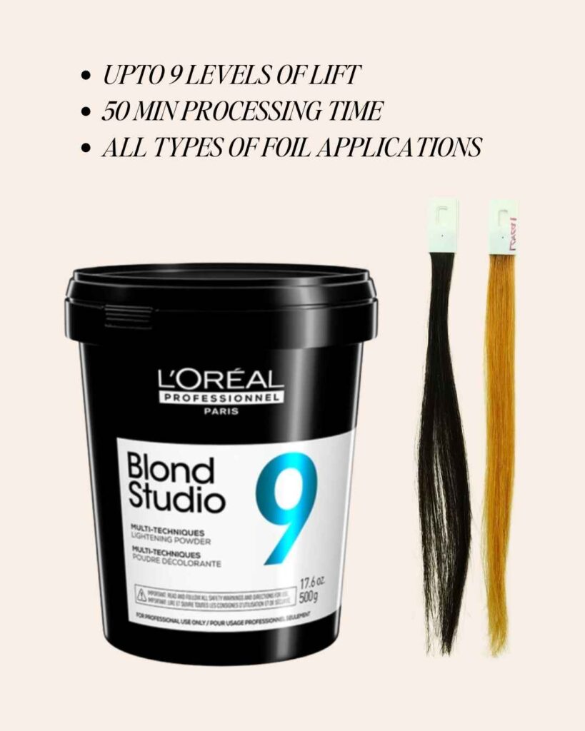 Oil-based bleach lightener for high-performance lift and glossy finish on dark hair.