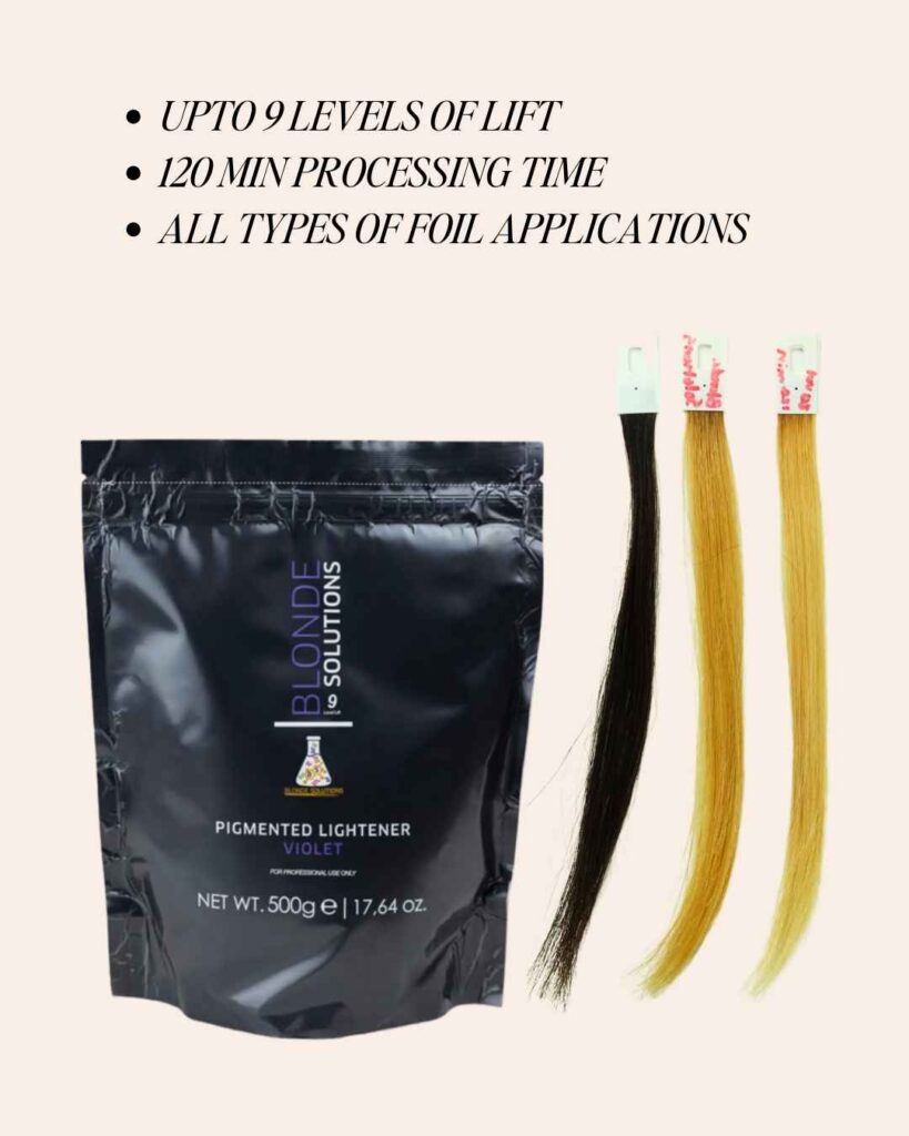 High-lift professional bleach for dark hair with toning properties and up to 2-hour processing.