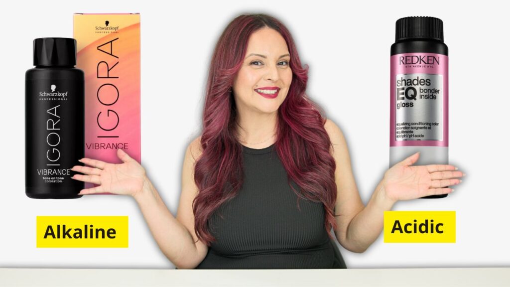 Mirella Manelli in front of Redken Shades EQ vs. Schwarzkopf IGORA Vibrance Demi Permanent Hair Color for blending gray hair