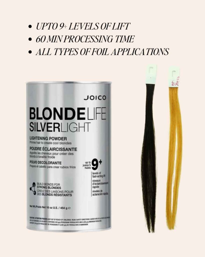 Joico SilverLights bleach with charcoal base for cool lift and neutral tones on dark hair.
