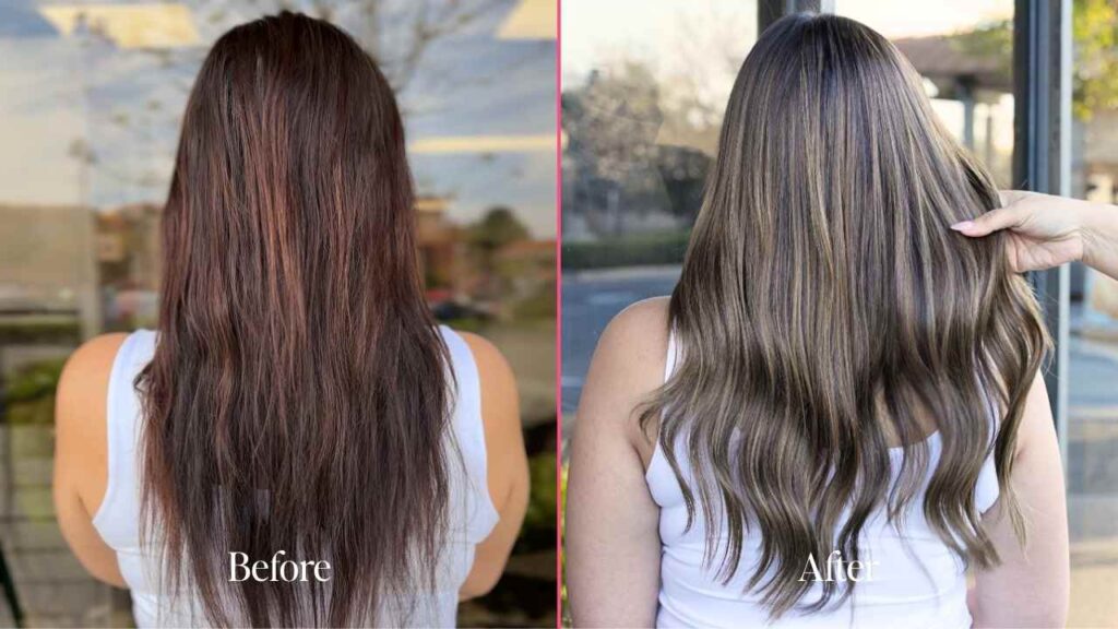 before and after hair color correction on dark hair using Schwarzkopf Blondme 9+