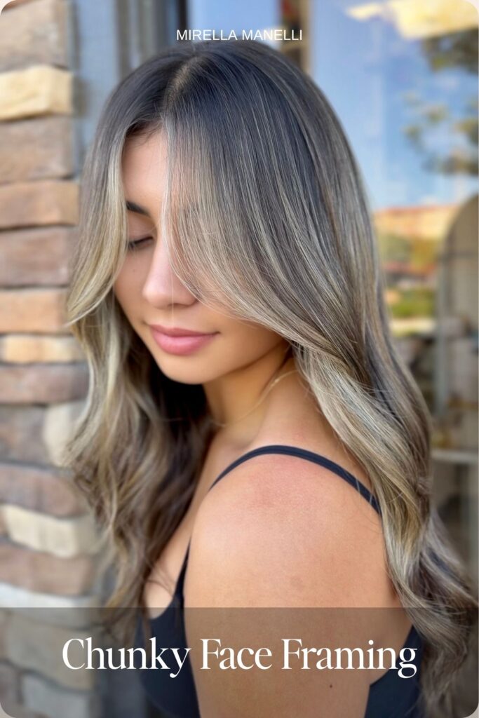 Chunky ash blonde face framing highlights on brunette hair