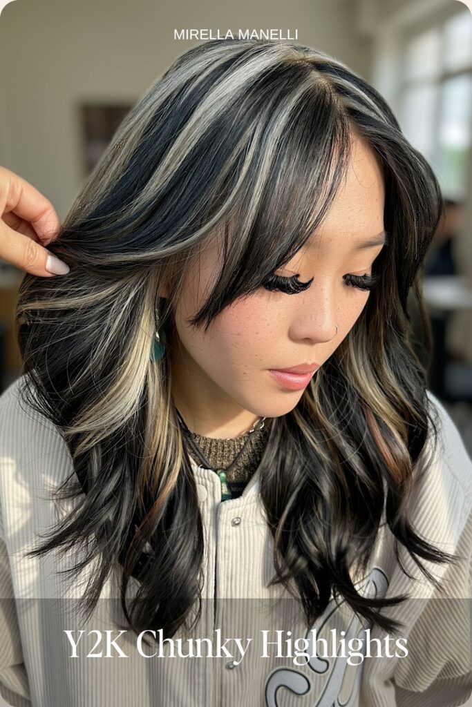 Y2K chunky platinum highlights on black hair